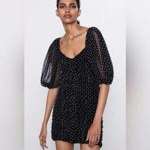 Zara Black and white polka dot Mini Dress sheer Sleeves Rouched Influencer fave